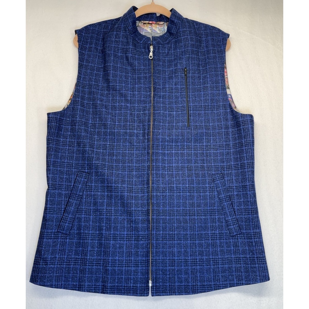 Men's Fashion Zip Up Vest Blue Plaid Lined Vintage Cars Large Outerwear Handmade